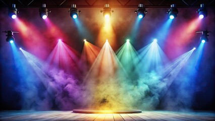 Silhouette stage lighting with colored spotlights and smoke
