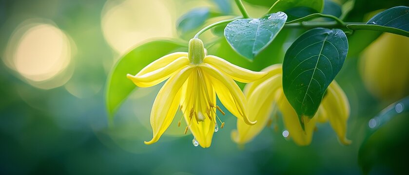 AI generator image of Ylang Ylang, Champi, Champa, Thai flowers have similar characteristics. And it smells very fragrant. Can be extracted to make perfume
