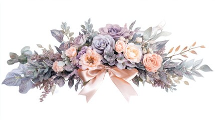 A stunning floral arrangement featuring pastel flowers and glittery leaves, tied with a satin ribbon, perfect for New Year decor, isolated on white