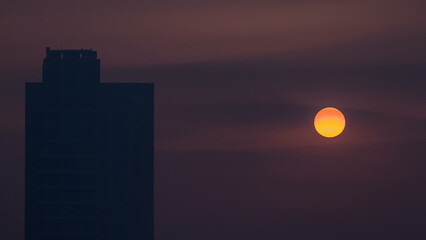 Foggy morning sunrise in downtown of Dubai timelapse.