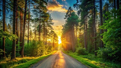 Fototapeta premium Silhouette sunset in forest with road and green trees