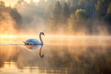 Fototapeta premium Silhouette Swan Gliding on Misty Lake in Early Morning