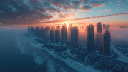 A stunning sunrise over a misty cityscape, highlighting modern skyscrapers and a tranquil shoreline.