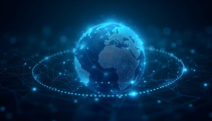 glowing digital globe representing global connectivity and technology, showcasing continents and network of connections. blue tones create futuristic atmosphere