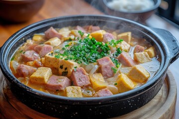 Korean comfort dish Budae jjigae featuring sausage tofu and canned ham