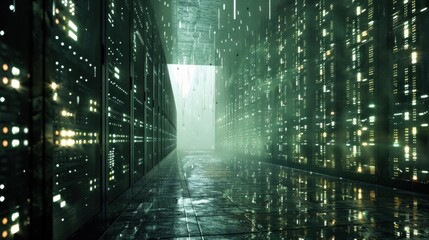 Obraz premium Data flows through a futuristic server room corridor with green lights and wet floor, creating a powerful image of digital information processing