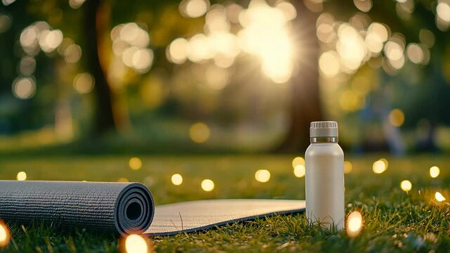 Peaceful outdoor yoga setup at sunset with glow of string lights