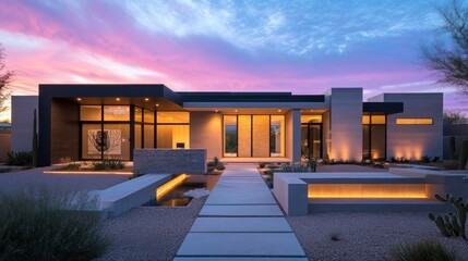 Fototapeta premium Modern architectural home with landscaped surroundings at sunset.