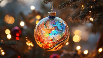 Obraz premium A Christmas globe ornament featuring a vibrant map design, glowing warmly against a background of twinkling holiday lights