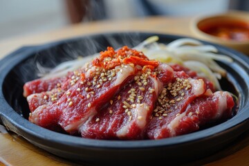 Obraz premium Korean cuisine featuring beef dishes like sashimi and galbitang along with raw pork belly grilled on charcoal served with rice kimchi side dishes and various se