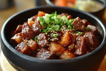 Korean cuisine featuring beef dishes raw pork grilled meats ribs stews rice kimchi dipping sauce and assorted sides