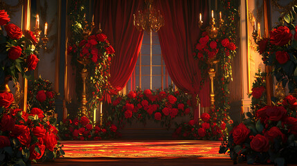 Elaborate Baroque Valentine&AElig;s Day Setup with Opulent Red Velvet, Elegant Candelabras, and Luxurious Floral Arrangements