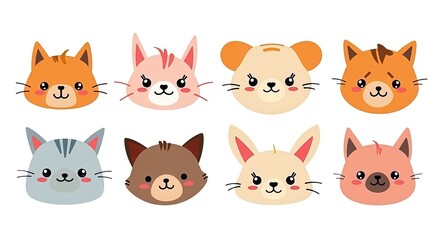 Cute Animal Faces Illustration Collection Featuring Adorable Cartoon Style Cat and Dog Characters for Kids' Projects and Graphic Design.