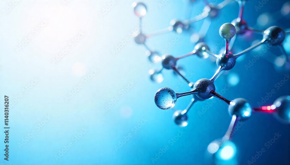 Poster a web of interconnected molecules forming a geometric network, spreading across the top left corner