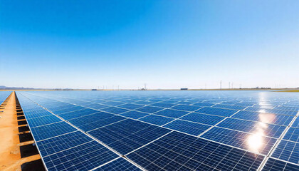 A wide-angle view of a solar farm with rows of solar panels stretching into the horizon on the left side