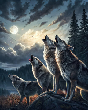 Meute de loups qui hurlent &agrave; la pleine lune