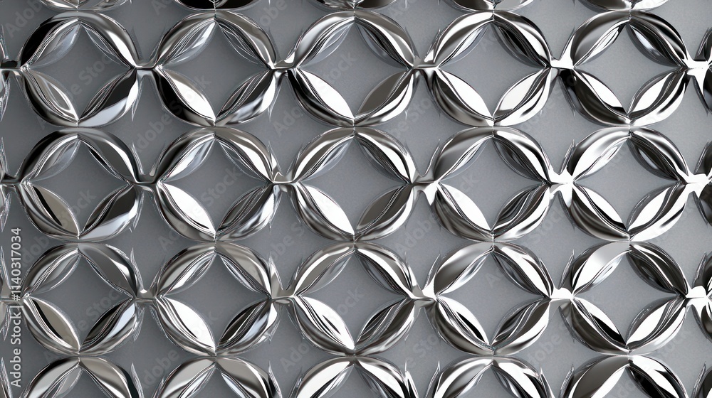 Poster 3d rendering of geometric chrome pattern over grey background