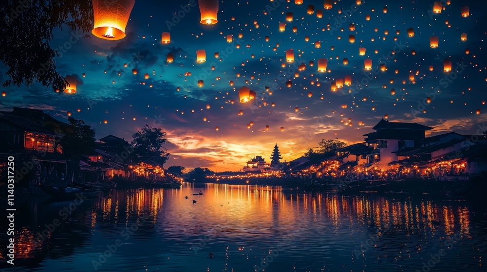 Poster enchanting twilight sky illuminated by floating lanterns over a serene river, creating a magical atm