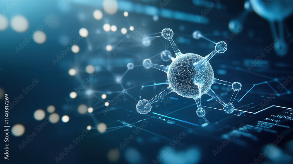 Poster close up of digital representation of molecular structure with glowing nodes and connections, symbol