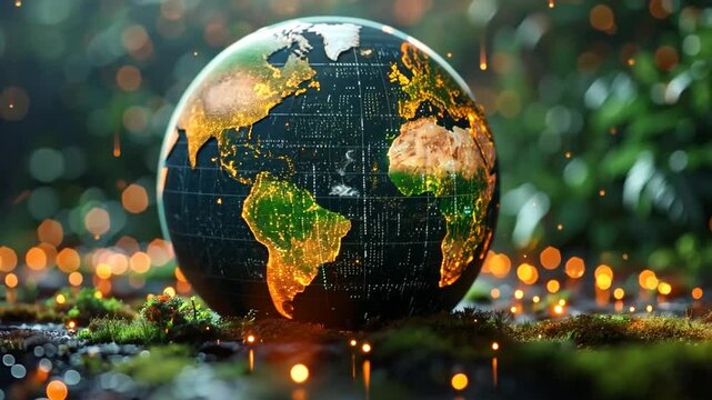 Illuminated globe showcasing continents with vibrant lights amidst a natural backdrop at night