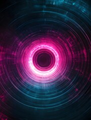 Obraz premium A digital glow effect with concentric circles of teal and magenta radiating from the center on a dark background