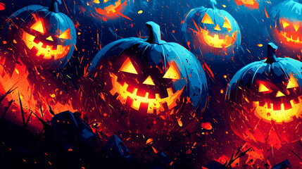 Fototapeta premium Glowing jack-o'-lanterns amidst fiery sparks.