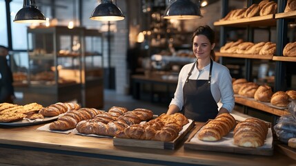 A bakery scene with a smiling woman and various fresh breads.
