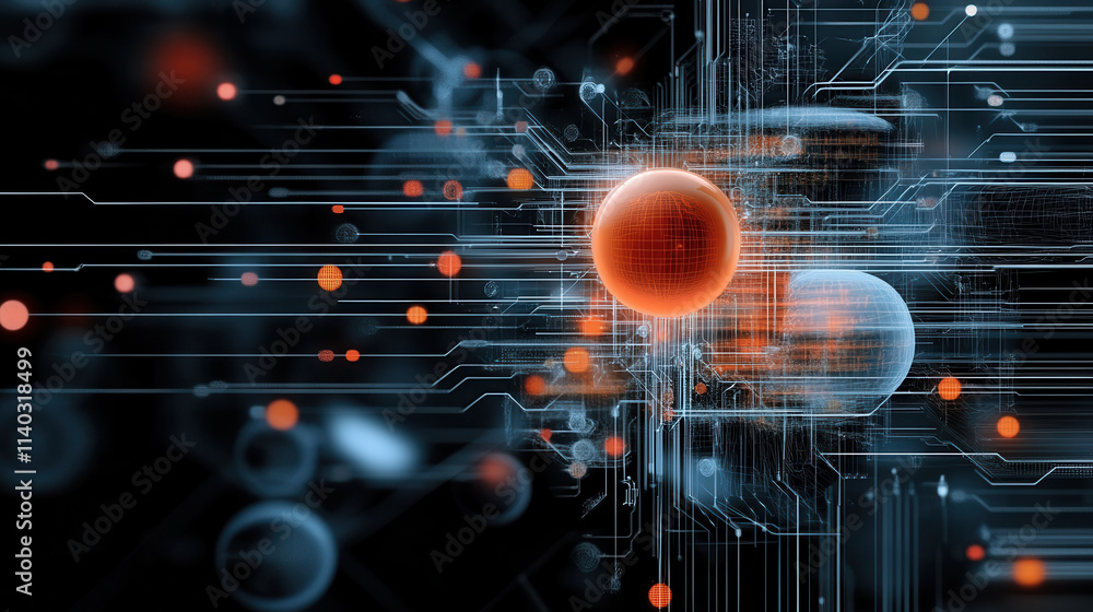 Poster futuristic digital interface with glowing spheres and complex circuit lines, symbolizing advanced te