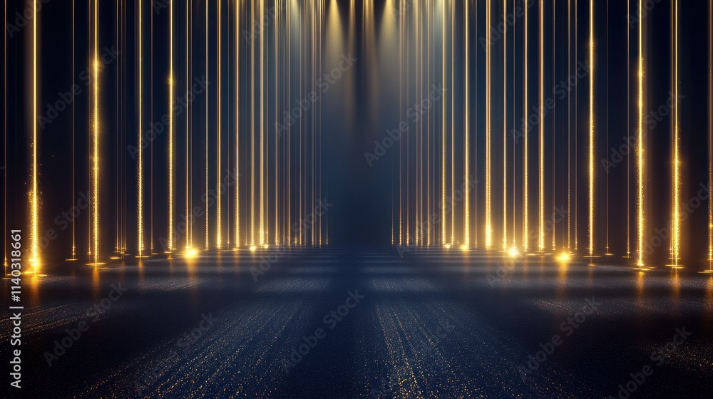 Poster a dramatic stage with vertical light beams creating an atmospheric backdrop.