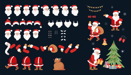 Santa Claus conctrustor. Santa Claus character creation set. Collection of character body parts and emotions. Different emotions, beards, hats, hands and legs positions.