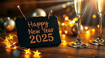 Black slate board with golden English text reading 'Happy New Year 2025', elegantly displayed against a dark background, capturing a festive and celebratory atmosphere