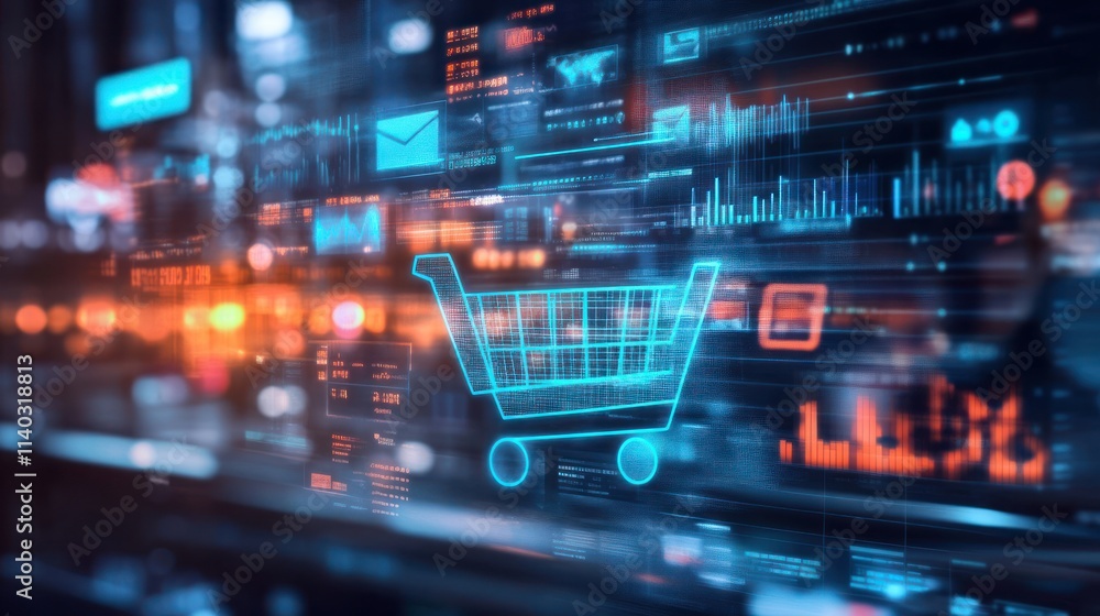 Poster digital shopping cart icon amidst a futuristic data interface.