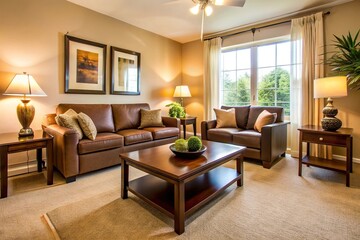 Fototapeta premium Simple and well-decorated apartment with brown furniture
