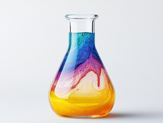 A glass beaker filled with colorful liquid, showcasing a chemical reaction isolated on white background.