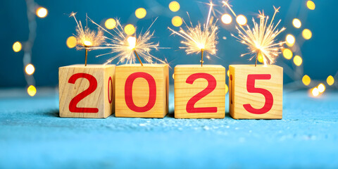 2025 New Year Count Down Celebration - Wooden Number Blocks And Golden Fireworks At Eve Night With Abstract Defocused Lights	