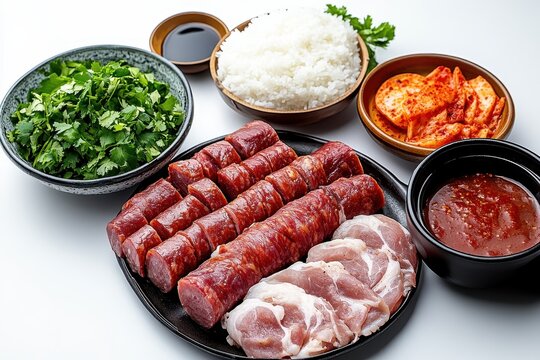 Korean heritage dish street style Asian cuisine featuring sliced blood sausage soondae with rice noodles and pork accompanied by sauces and herbs