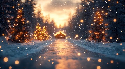 Naklejka premium Mystical Snowy Forest with Glowing Mushrooms and Aurora Borealis