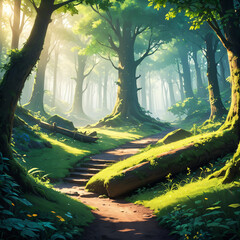 Generated artistic digital illustration of dirt pathway in the middle of beautiful lush green fantasy forest.