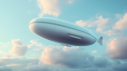 Obraz premium Futuristic airship floating through a cloudy sky with soft sunlight and pastel tones