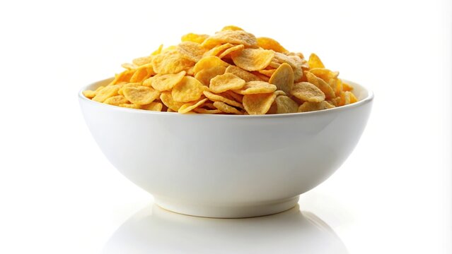 Simple white bowl of cornflake cereal isolated on white background