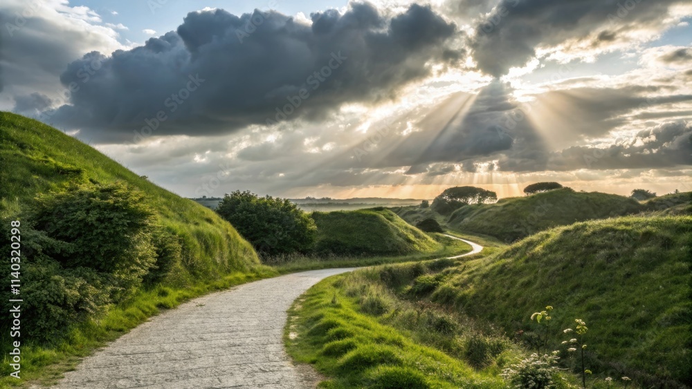 Wall mural sunbeams are breaking through dramatic clouds, illuminating a winding path that meanders through vib