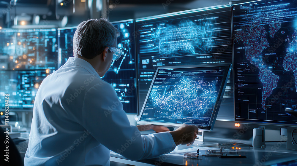 Poster scientist in futuristic laboratory analyzes complex data on multiple digital screens, showcasing adv
