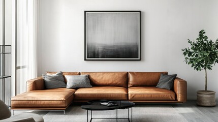Brown leather sofa, artwork, and plant in bright living room.