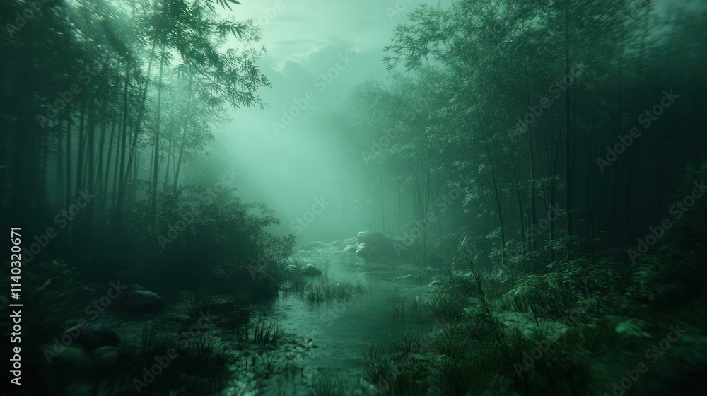 Poster misty bamboo forest path with stream.