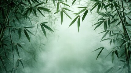 Misty bamboo forest scene with vibrant green leaves and soft light.