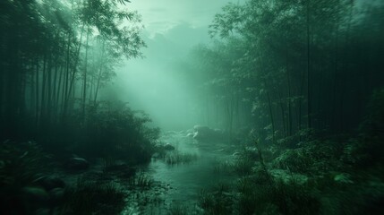Obraz premium Misty bamboo forest path with stream.