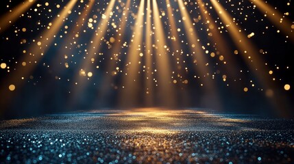 A dramatic scene with golden lights and sparkling particles, suggesting a festive atmosphere.