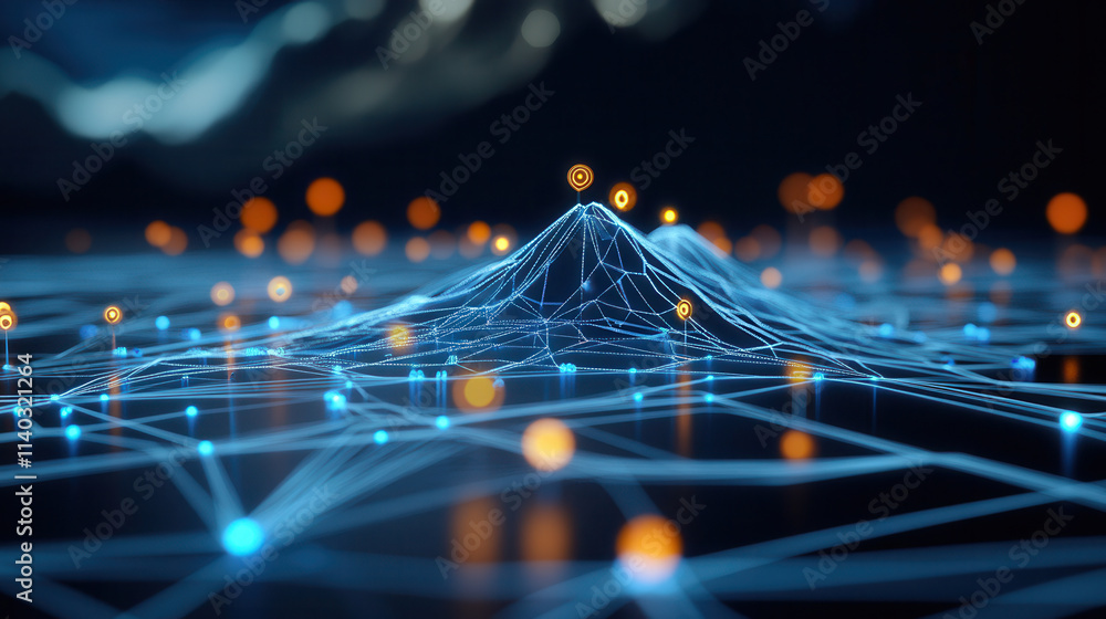 Poster futuristic power grid showcasing peak energy generation with glowing nodes and interconnected lines,