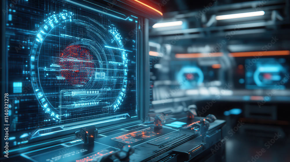 Poster futuristic control panel with holographic interface in high tech environment