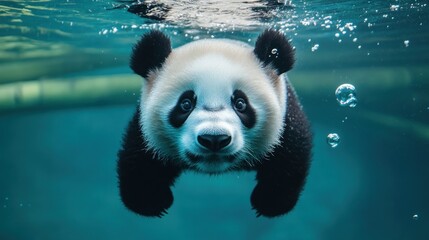A playful panda swims underwater, bubbles surrounding its curious face.